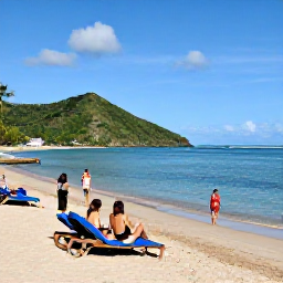 Caribbean Holidays, Puerto Rico October, Visitors relaxing on a beautiful Puerto Rico beach with calm blue water, soft sand, sun loungers and green hills in the background