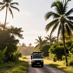 Caribbean Holidays, Puerto Rico Safaris, A bright February morning in Puerto Rico with a safari vehicle travelling through lush tropical countryside