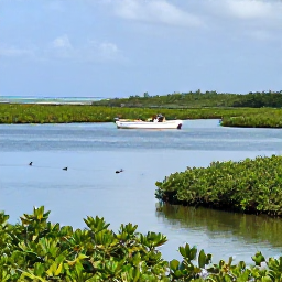 Caribbean Holidays, Puerto Rico Safaris, A calm coastal wetland in Puerto Rico with mangroves, birds and a small safari boat