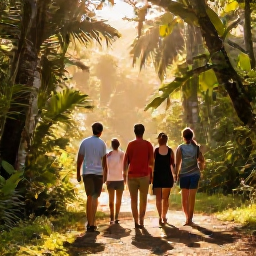 Caribbean Holidays, Puerto Rico Safaris, Friendly local guide leading a small group through a Puerto Rican nature reserve, tropical forest and warm golden light