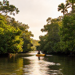 Caribbean Holidays, Puerto Rico Safaris, Kayak gliding through calm mangrove channels in a Puerto Rican nature reserve, tropical greenery and warm afternoon light