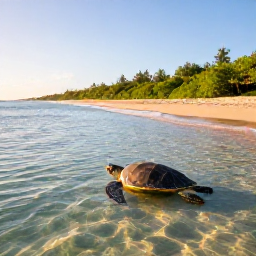 Caribbean Holidays, Puerto Rico Safaris, Puerto Rican coast at sunrise with a sea turtle near clear shallow water, sandy beach and low green vegetation