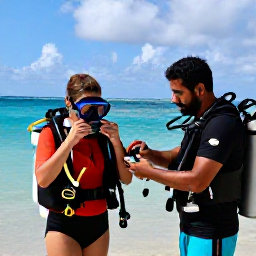 Caribbean Holidays, Puerto Rico Scuba Diving, A friendly Puerto Rican dive instructor helping a visitor fit a scuba mask and check equipment beside a tropical beach