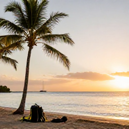 Caribbean Holidays, Puerto Rico Scuba Diving, A relaxed Caribbean beach in Puerto Rico at golden hour, with palm trees, calm water and scuba diving equipment resting near the shore