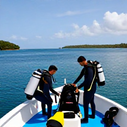 Caribbean Holidays, Puerto Rico Scuba Diving, A small dive boat travelling along Puerto Rico&rsquo;s sunny coastline towards a calm bay, with divers preparing their equipment
