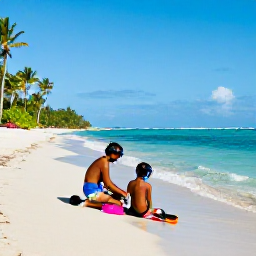 Caribbean Holidays, Puerto Rico September, A family enjoying a calm sandy beach in Puerto Rico with colourful snorkelling gear, palm trees and gentle waves