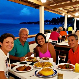 Caribbean Holidays, Puerto Rico September, A family sharing colourful Puerto Rican dishes at an informal outdoor restaurant in the evening