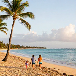 Caribbean Holidays, Puerto Rico September, A relaxed family walking along a sunny Puerto Rican beach with calm turquoise water, palm trees and soft golden light