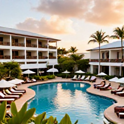 Caribbean Holidays, Puerto Rico September, A stylish all-inclusive resort in Puerto Rico with a swimming pool, sun loungers, tropical gardens and guests enjoying a warm afternoon