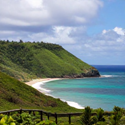Caribbean Holidays, Puerto Rico September, A tropical Puerto Rican coastline with lush green hills, sandy beach and bright Caribbean sea beneath a partly cloudy sky