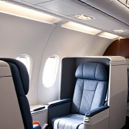 Caribbean Holidays, Puerto Rico September, Business class cabin on a modern airliner, comfortable seats, soft lighting and a passenger looking forward to a Puerto Rico holiday