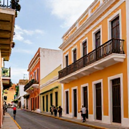 Caribbean Holidays, Puerto Rico September, Colourful colonial streets in Old San Juan, Puerto Rico, with pastel buildings, balconies and visitors exploring in warm daylight
