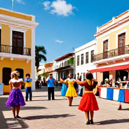 Caribbean Holidays, Puerto Rico September, Colourful Puerto Rican street festival in September with musicians, dancers and local food stalls in a historic town square