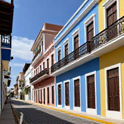 Caribbean Holidays, Puerto Rico September, Colourful streets of Old San Juan with blue and yellow colonial buildings, cobbled pavement and balconies