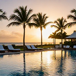 Caribbean Holidays, Puerto Rico September, Elegant Puerto Rico resort pool at sunset with comfortable loungers, palm trees and warm Caribbean light
