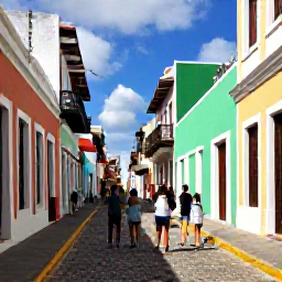 Caribbean Holidays, Puerto Rico September, Families exploring the colourful cobbled streets and historic Spanish buildings of Old San Juan in bright daytime