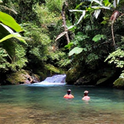 Caribbean Holidays, Puerto Rico September, Family swimming in a clear river beneath lush rainforest in El Yunque National Forest, Puerto Rico
