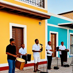 Caribbean Holidays, Puerto Rico September, Friendly Puerto Rican musicians performing bomba and plena beside colourful buildings during a relaxed evening cultural gathering