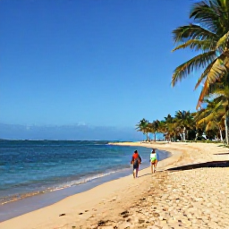 Caribbean Holidays, Puerto Rico September, Golden sandy beach in Puerto Rico with calm turquoise water, palm trees and two adults walking along the shore
