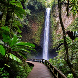 Caribbean Holidays, Puerto Rico September, Lush El Yunque rainforest in Puerto Rico with a waterfall, tropical plants and a wooden walking trail