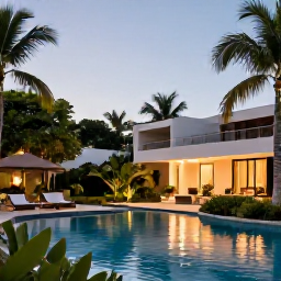 Caribbean Holidays, Puerto Rico September, Modern adults-only resort in Puerto Rico surrounded by tropical greenery, swimming pool and warm evening light