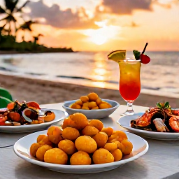 Caribbean Holidays, Puerto Rico September, Outdoor table serving Puerto Rican mofongo, fresh seafood and tropical drinks at sunset