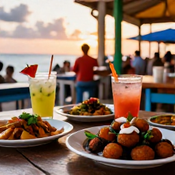 Caribbean Holidays, Puerto Rico September, Outdoor table with colourful Puerto Rican dishes, mofongo and tropical drinks in a lively San Juan restaurant at sunset