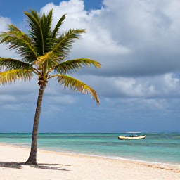 Caribbean Holidays, Puerto Rico September, Quiet Puerto Rican beach with palm trees, turquoise water and small fishing boats beneath a partly cloudy September sky