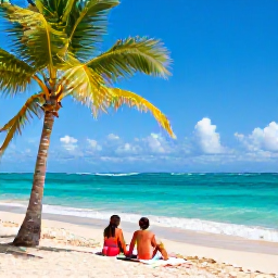 Caribbean Holidays, Puerto Rico September, Sunny Puerto Rican beach in September with turquoise water, palm trees and a relaxed couple enjoying the shoreline