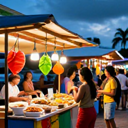 Caribbean Holidays, Puerto Rico Solo, A friendly Puerto Rican food market at dusk, with local dishes, colourful stalls and travellers enjoying an evening in San Juan