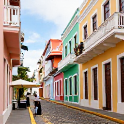 Caribbean Holidays, Puerto Rico Solo, Colourful cobbled street in Old San Juan with pastel colonial buildings, balconies, caf&eacute;s and a solo visitor exploring