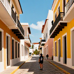 Caribbean Holidays, Puerto Rico Solo, Colourful colonial buildings and cobbled streets in Old San Juan, Puerto Rico, with a solo visitor exploring the historic district