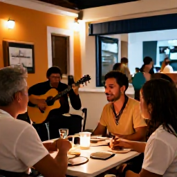 Caribbean Holidays, Puerto Rico Solo, Friendly evening scene in Puerto Rico with outdoor dining, live music and solo travellers enjoying local culture