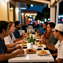 Caribbean Holidays, Puerto Rico Solo, Friendly group of solo travellers enjoying Puerto Rican food at an outdoor restaurant in San Juan during a warm November evening