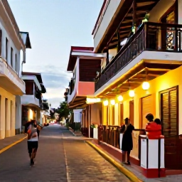 Caribbean Holidays, Puerto Rico Solo, Friendly solo traveller enjoying a colourful evening street scene in Puerto Rico, with local music, restaurants and warm ambient lights