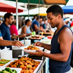 Caribbean Holidays, Puerto Rico Solo, Friendly solo traveller joining a small Puerto Rican food tour in a lively local market, sampling traditional dishes