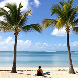 Caribbean Holidays, Puerto Rico Solo, Golden Puerto Rican beach with calm turquoise water, palm trees and a solo traveller relaxing in March sunshine