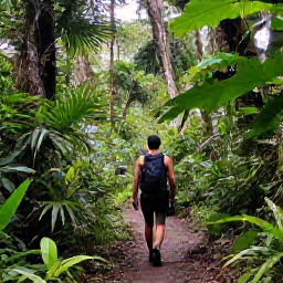 Caribbean Holidays, Puerto Rico Solo, Hiker on a rainforest trail surrounded by lush green plants in El Yunque, Puerto Rico