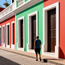 Caribbean Holidays, Puerto Rico Solo, Historic Old San Juan street with colourful colonial buildings, cobbled pavement and a solo visitor exploring in warm November sunshine