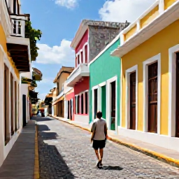 Caribbean Holidays, Puerto Rico Solo Holidays, A solo traveller strolling along a colourful cobbled street in Old San Juan, Puerto Rico, with bright colonial buildings and sunny Caribbean light