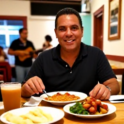 Caribbean Holidays, Puerto Rico Solo Holidays, Friendly evening scene in a Puerto Rican restaurant, with a solo traveller enjoying traditional food and live music in San Juan