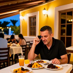 Caribbean Holidays, Puerto Rico Solo Holidays, Solo traveller enjoying an outdoor table at a Puerto Rican restaurant in the evening, with local food, warm lights and a relaxed atmosphere