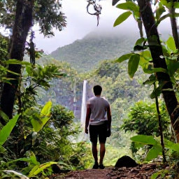 Caribbean Holidays, Puerto Rico Solo Holidays, Solo traveller hiking through lush El Yunque National Forest, with tropical foliage, a waterfall and mountain views