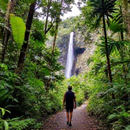 Caribbean Holidays, Puerto Rico Solo Holidays, Solo traveller hiking through lush El Yunque rainforest in Puerto Rico, with tropical foliage, a small waterfall and mountain scenery