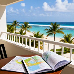 Caribbean Holidays, Puerto Rico Solo Holidays, Solo traveller planning a Puerto Rico journey from a bright hotel balcony, with a map, notebook and tropical view