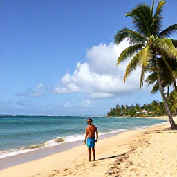 Caribbean Holidays, Puerto Rico Solo Holidays, Solo visitor relaxing on a golden Puerto Rican beach beside clear turquoise water and gently swaying palm trees