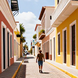Caribbean Holidays, Puerto Rico Solo, Lone traveller walking through colourful Old San Juan streets in warm February sunshine