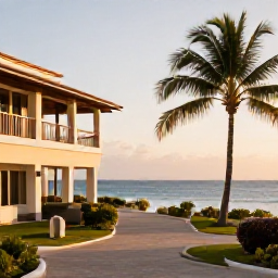 Caribbean Holidays, Puerto Rico Solo, Relaxed Puerto Rico holiday scene with a welcoming hotel, palm trees, warm sunlight and a glimpse of the Caribbean Sea