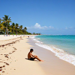Caribbean Holidays, Puerto Rico Solo, Relaxed solo traveller sitting on a golden Puerto Rican beach beside clear turquoise Caribbean water, with palm trees and gentle waves