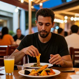 Caribbean Holidays, Puerto Rico Solo, Solo traveller enjoying colourful Puerto Rican food at an outdoor restaurant in San Juan during a warm evening